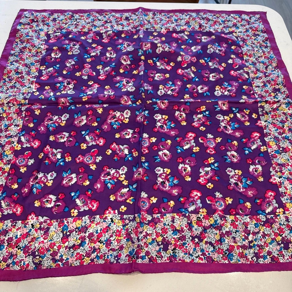VTG Purple Floral Scarf 31x31" Hand Rolled Edge Synthetic 1980s Purse Bag Wrap